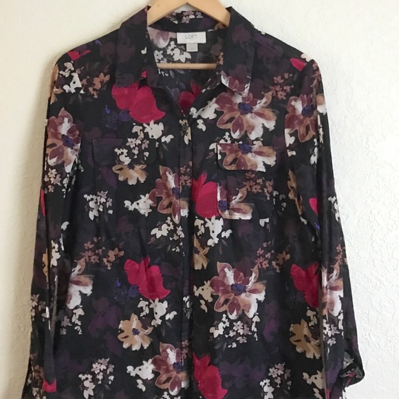 Floral Print LOFT Shirt Blouse Black Pink Cream M - Picture 2 of 6